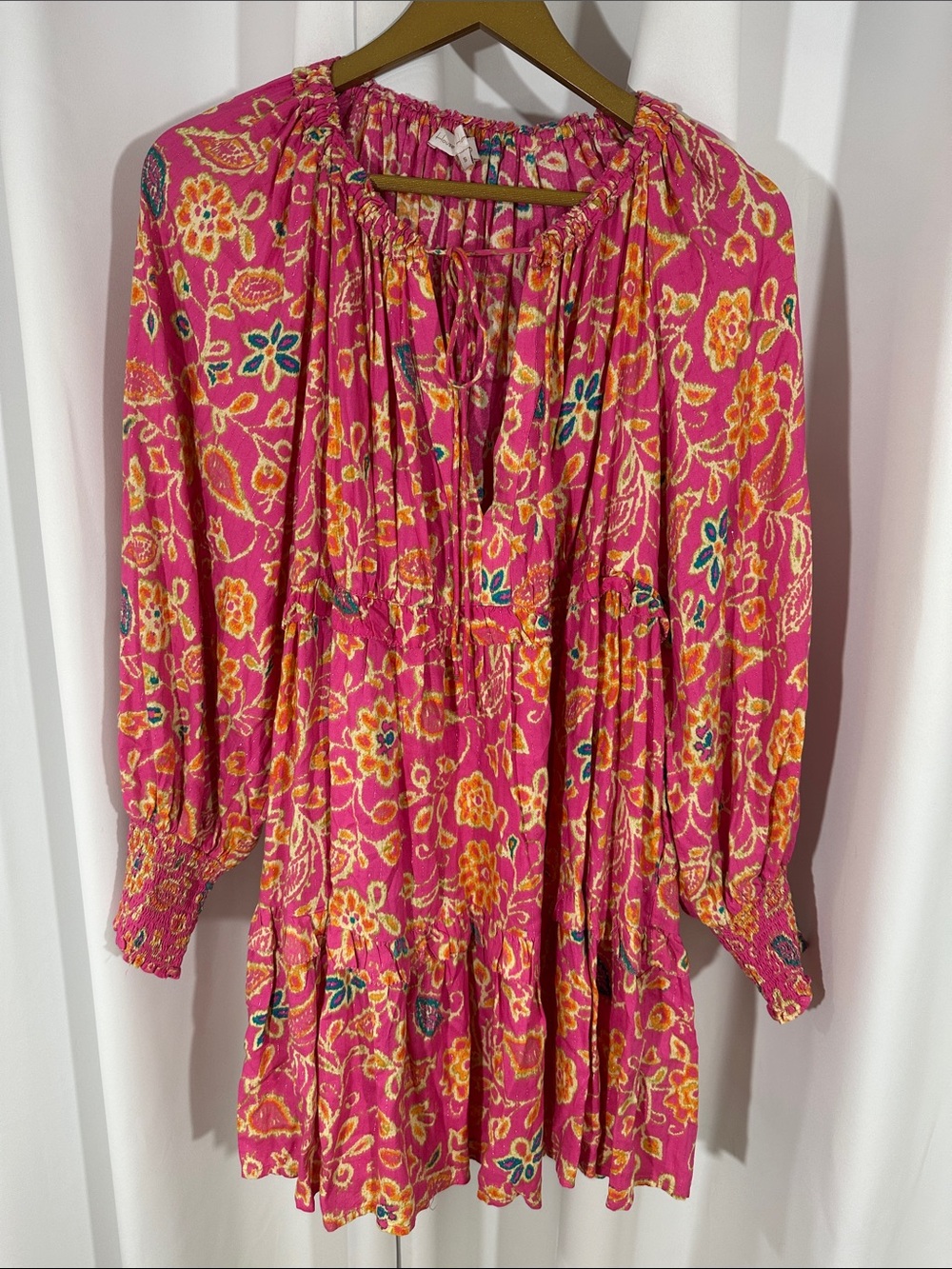 House of Harlow 1960 Floral Boho Mini Dress Small Pink Lurex Peasant Cottagecore
